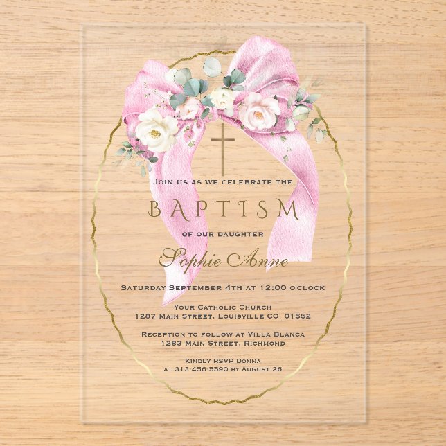 Invitaciones Acrílicas White Flowers Pink Bow Girl Baptism Transparent   (Anverso)