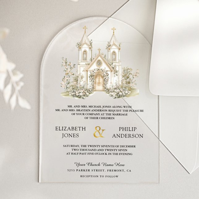 Invitaciones Acrílicas White Gold Catholic Church Wedding (Subido por el creador)
