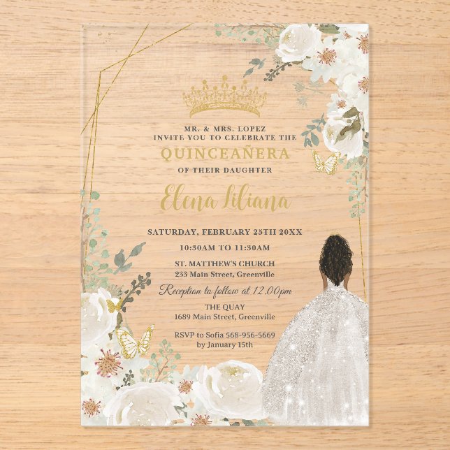 Invitaciones Acrílicas White Ivory Floral Brown Princess Gold Quinceanera (Anverso)