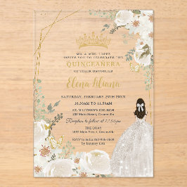 Invitaciones Acrílicas White Ivory Floral Princess Gold Quinceanera 15 XV