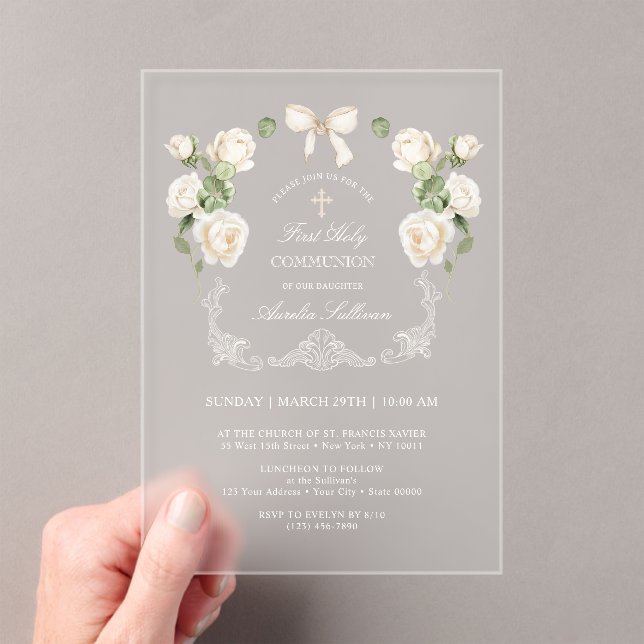 Invitaciones Acrílicas White Ivory Roses Frame First Holy Communion (Insitu (portátil))