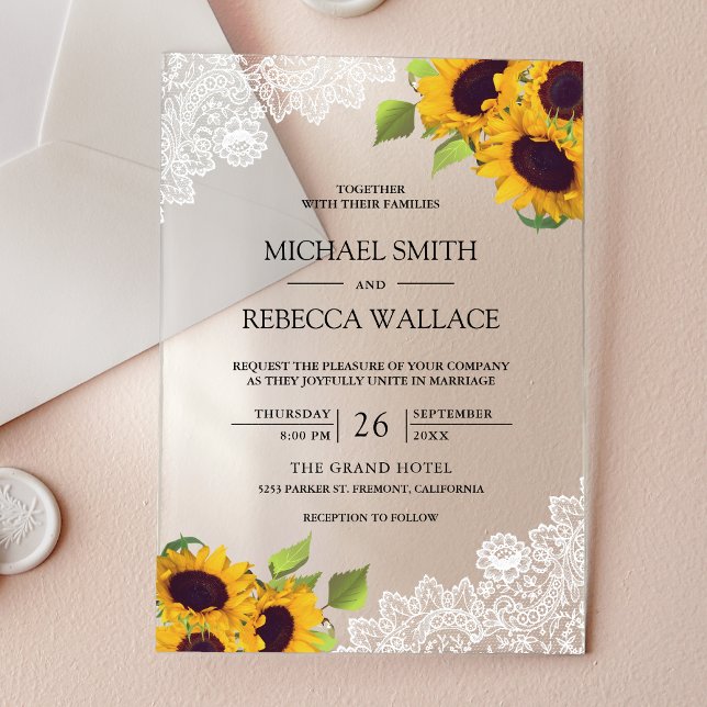 Invitaciones Acrílicas White Lace Sunflowers Wedding (Subido por el creador)