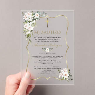 Invitaciones Acrílicas White Lily Rose Bautizo Con Flores Gold Baptism