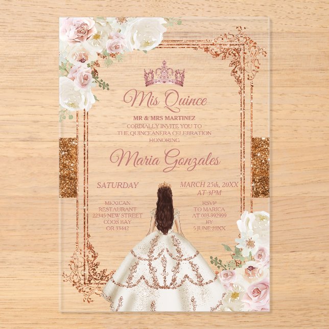 Invitaciones Acrílicas White Mis Quince Crown Rose Gold Quinceañera (Anverso)