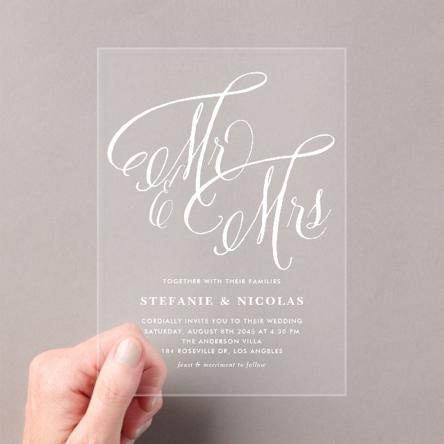 Invitaciones Acrílicas White Mr. y la Sra. Rustic Calligraphy Boda (Insitu (portátil))