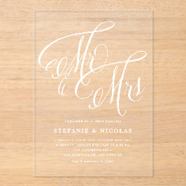Invitaciones Acrílicas White Mr. y la Sra. Rustic Calligraphy Boda