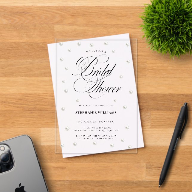 Invitaciones Acrílicas White Pearls Bridal Shower (Insitu (Tarjeta de Invitación))