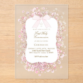 Invitaciones Acrílicas white pink baby's breath flowers First Communion