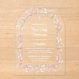 Invitaciones Acrílicas white pink flowers First Communion