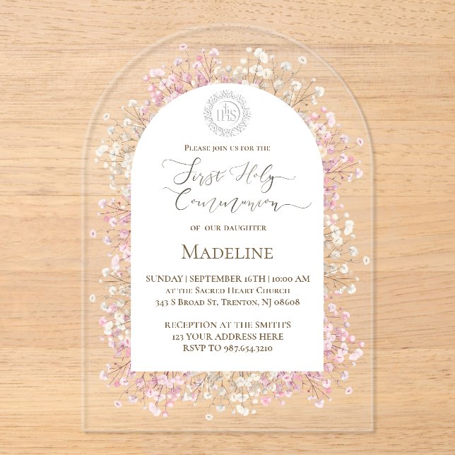 Invitaciones Acrílicas white pink flowers First Holy Communion (Anverso)