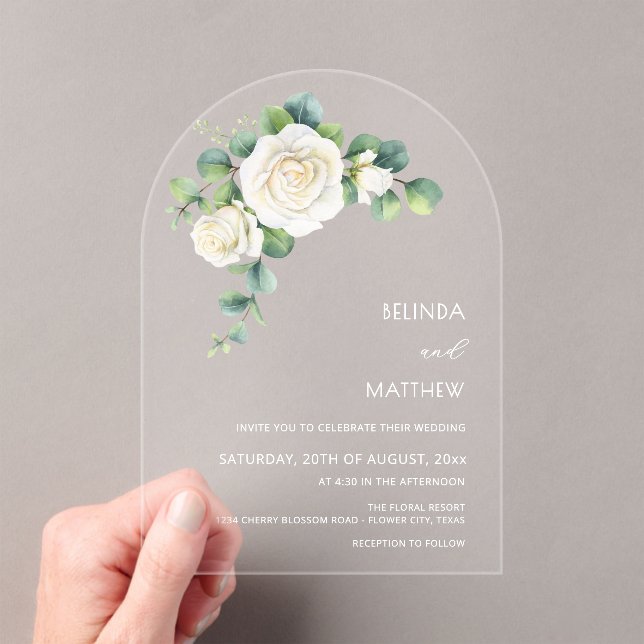 Invitaciones Acrílicas White Roses Floral Arch Clear (Insitu (portátil))