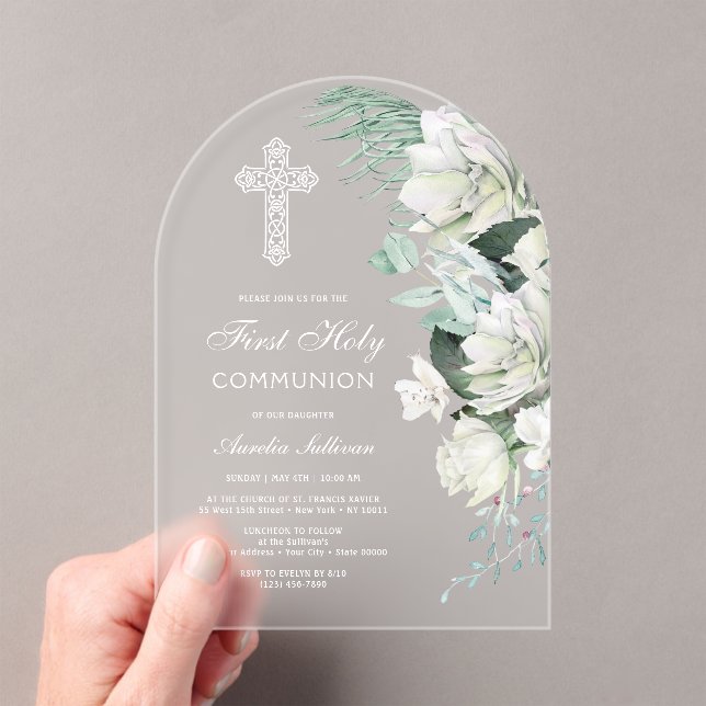 Invitaciones Acrílicas White Roses Greenery Arch First Communion (Insitu (portátil))