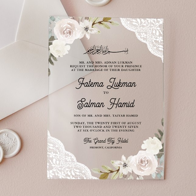 Invitaciones Acrílicas White Roses Lace Islamic Muslim Wedding (Subido por el creador)