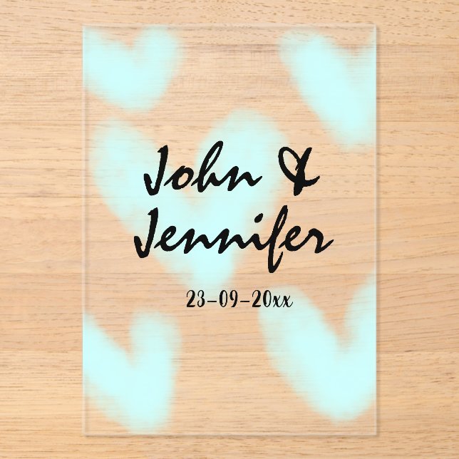 Invitaciones Acrílicas white simple minimal text style wedding blue heart (Anverso)