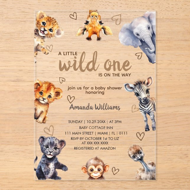 Invitaciones Acrílicas Wild One Animals Modern Simple Baby Shower (Anverso)