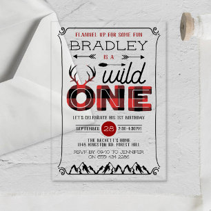 Invitaciones Acrílicas Wild One Boys Rustic Plaid Lumberjack Primer cumpl