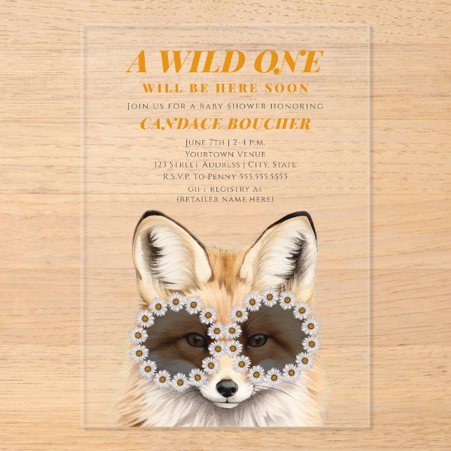 Invitaciones Acrílicas Wild One Daisy Sungafas Fox Baby Shower (Anverso)