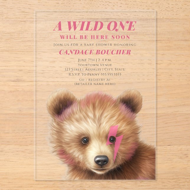 Invitaciones Acrílicas Wild One Lightning Bolt Cub Pink Baby Shower (Anverso)