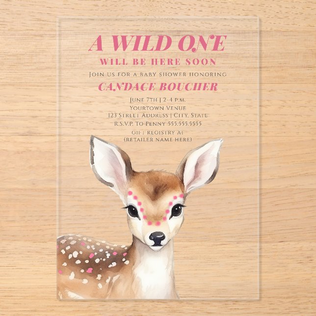 Invitaciones Acrílicas Wild One Pink Spot Fawn Baby Shower (Anverso)