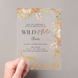 Invitaciones Acrílicas Wild One retro boho tema Primer cumpleaños