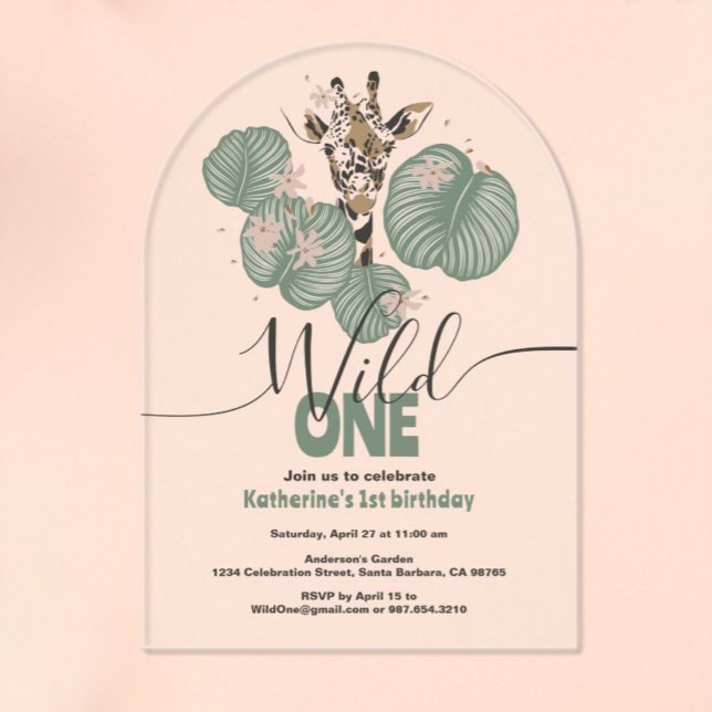 Invitaciones Acrílicas Wild One Safari Giraffe Cute Animal Birthday Party (Subido por el creador)