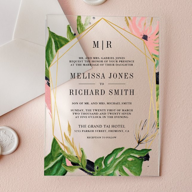 Invitaciones Acrílicas Wild Tropical Gold Pink Floral Wedding (Subido por el creador)