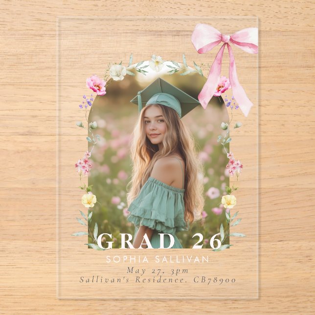 Invitaciones Acrílicas Wildflower Bow Graduation party Photo Collage (Anverso)