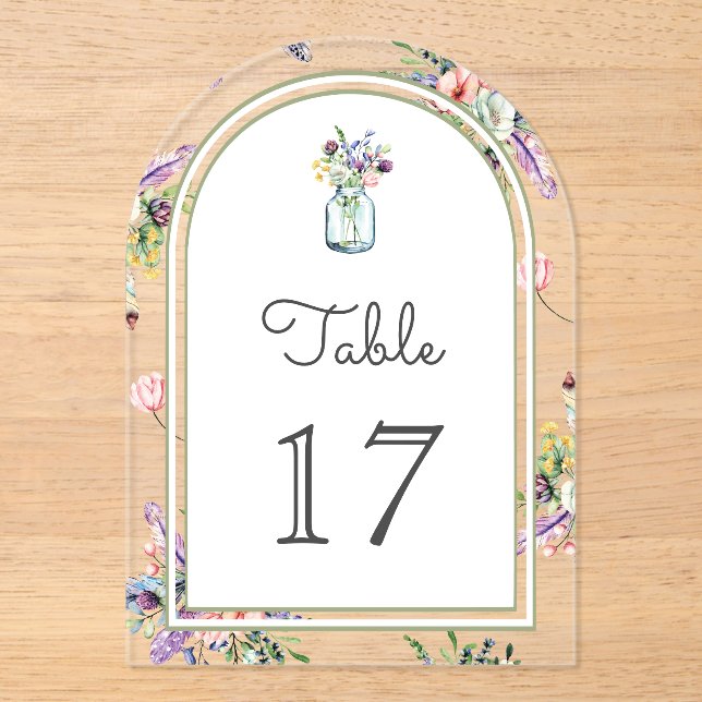 Invitaciones Acrílicas Wildflower Mason Jar Wedding Acrylic Table Number (Anverso)