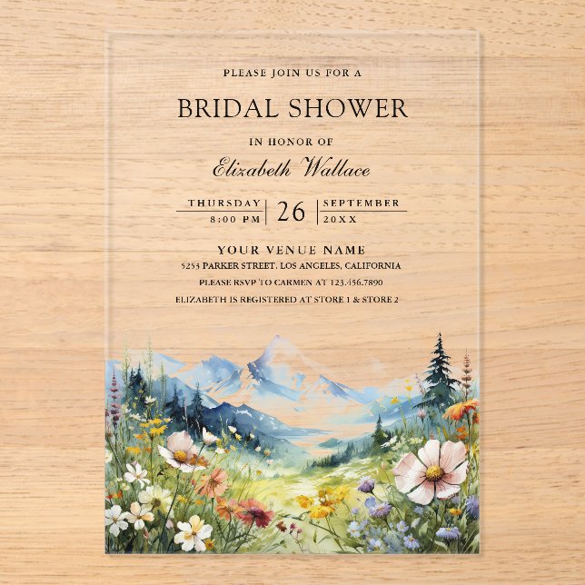 Invitaciones Acrílicas Wildflower Mountain Meadow Bridal Shower (Anverso)