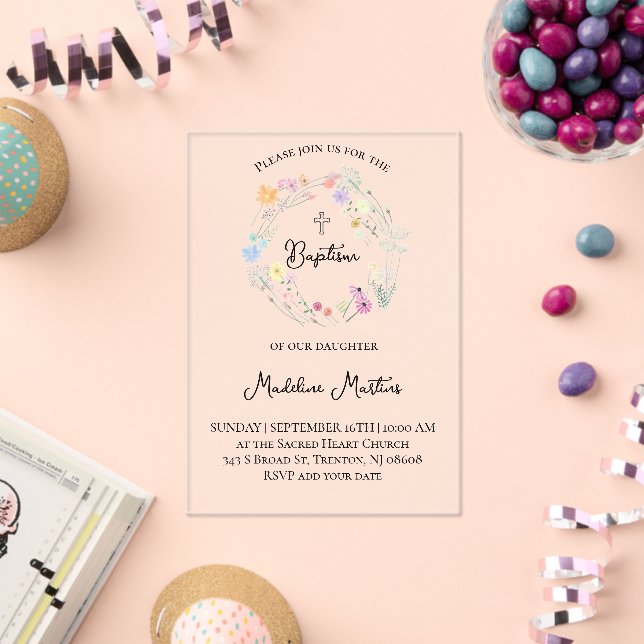 Invitaciones Acrílicas  wildflowers wreath Baptism Invitation (Insitu (Celebración))