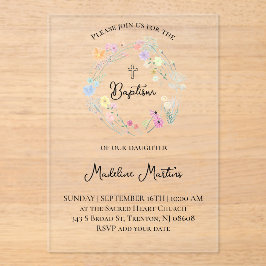 Invitaciones Acrílicas wildflowers wreath Baptism Invitation