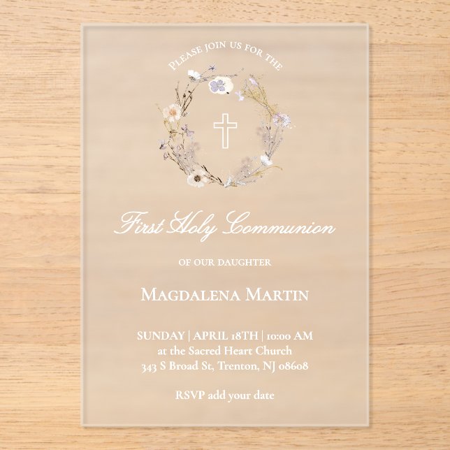Invitaciones Acrílicas wildflowers wreath First Holy Communion girl (Anverso)
