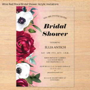 Invitaciones Acrílicas Wine Red Floral Bridal Shower