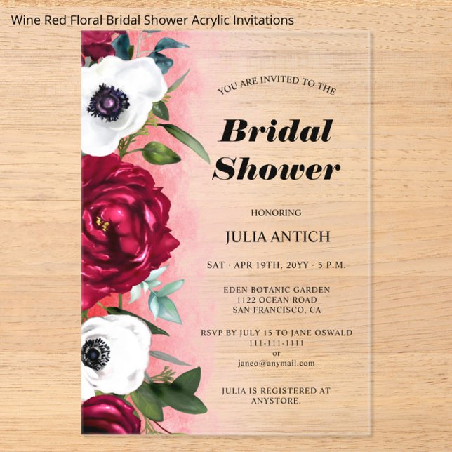 Invitaciones Acrílicas Wine Red Floral Bridal Shower (Subido por el creador)