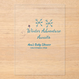 Invitaciones Acrílicas Winter Adventure awaits baby shower blue snowflake