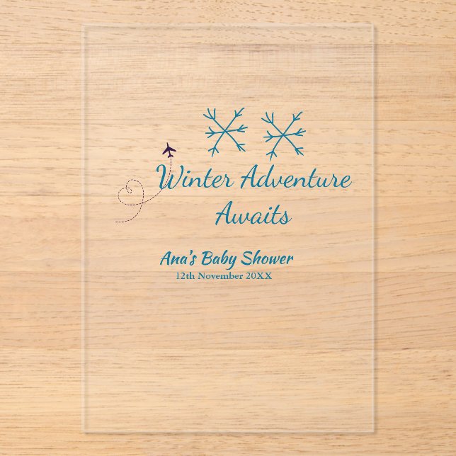 Invitaciones Acrílicas Winter Adventure awaits baby shower blue snowflake (Anverso)