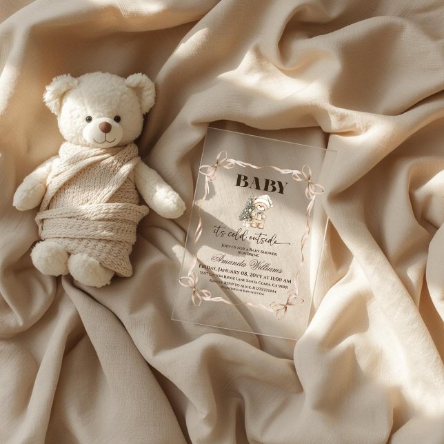 Invitaciones Acrílicas Winter Beige Teddy Bear Christmas Baby Shower (Subido por el creador)