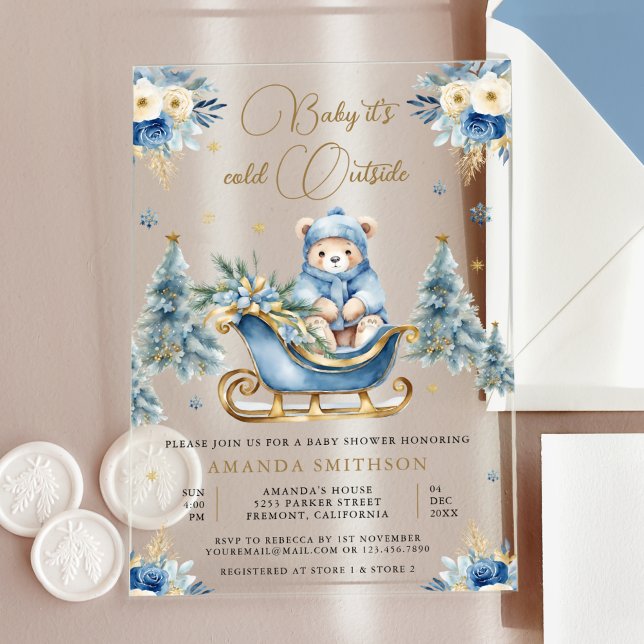 Invitaciones Acrílicas Winter Blue Gold Floral Teddy Bear Baby Shower (Subido por el creador)