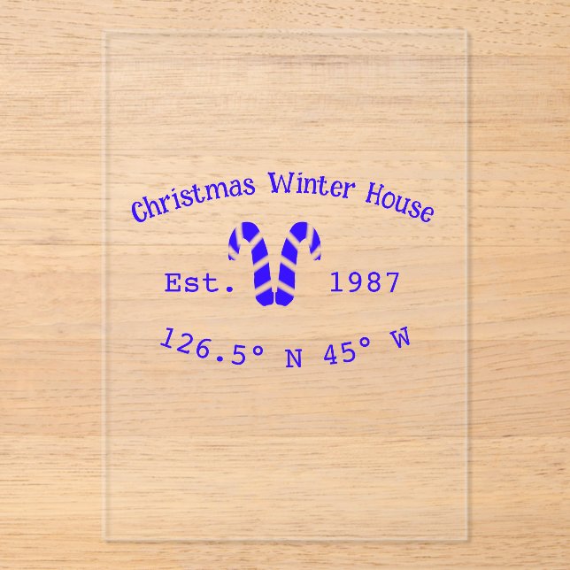 Invitaciones Acrílicas Winter Christmas house blue candy canes est. Year  (Anverso)