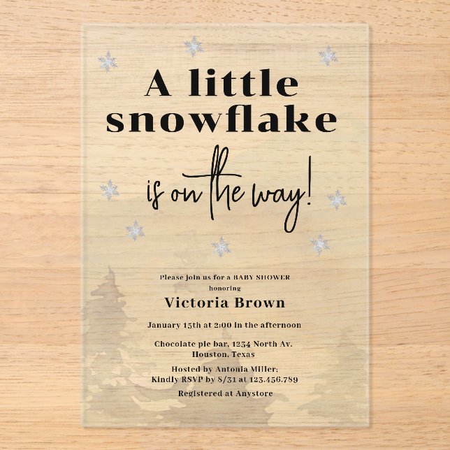 Invitaciones Acrílicas Winter Little Snowflake Baby Shower  (Anverso)