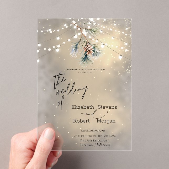 Invitaciones Acrílicas Winter Pine Tree Cone String Lights Wedding (Insitu (portátil))