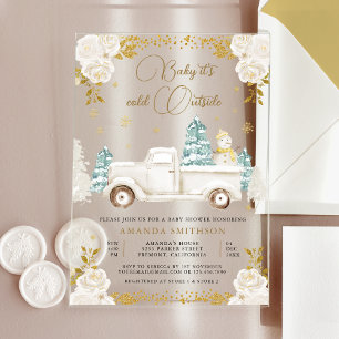 Invitaciones Acrílicas Winter White Gold Floral Truck Snowman Baby Shower