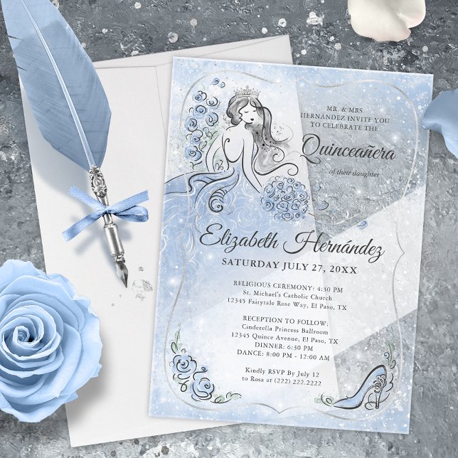 Invitaciones Acrílicas Winter Wonderland Silver Light Blue Quinceanera (Winter wonderland quinceanera acrylic 
 invitations that'll bring fairy tale magic to your big day!)
