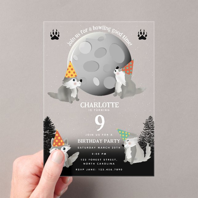 Invitaciones Acrílicas Wolf Pack Woodland Moon Howling Birthday Party (Insitu (portátil))