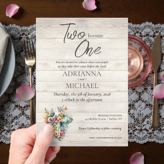 Invitaciones Acrílicas Wood Cross Floral Christian Two Become One