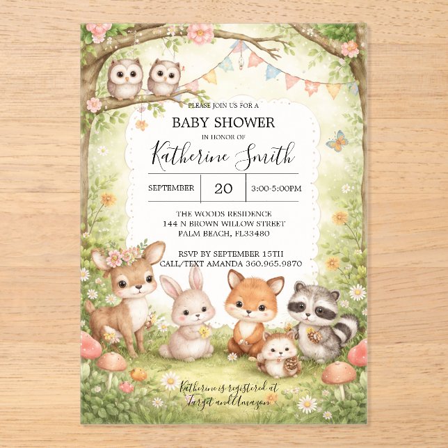 Invitaciones Acrílicas Woodland Animals Baby Shower Invitation Background (Anverso)