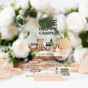 Invitaciones Acrílicas Woodland One Happy Camper Camping Kids Cumpleaños