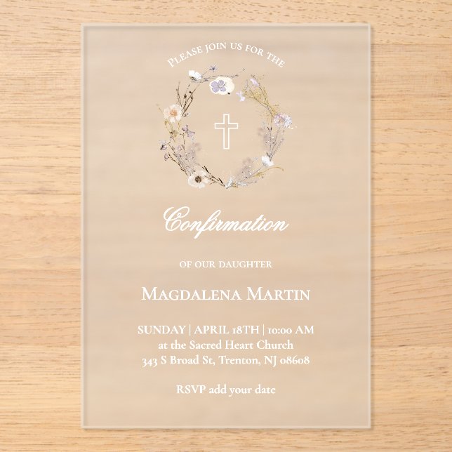 Invitaciones Acrílicas wreath de flores silvestres | Confirmación (Anverso)