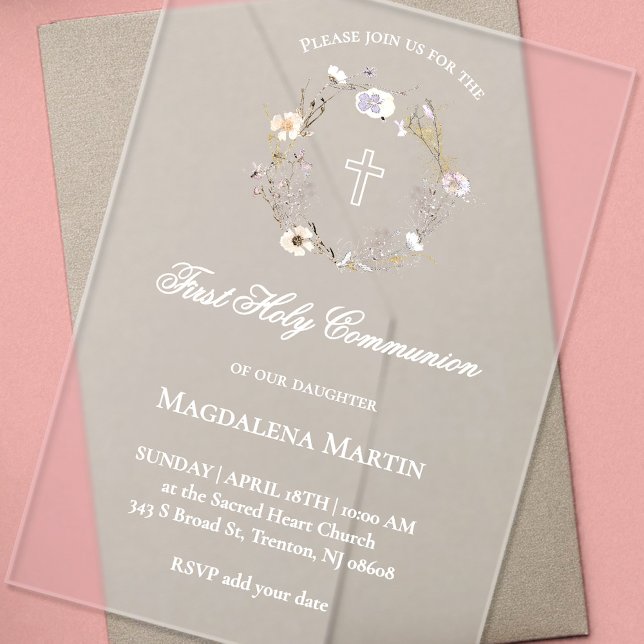 Invitaciones Acrílicas wreath de flores silvestres | Primera Comunión Sag (Subido por el creador)