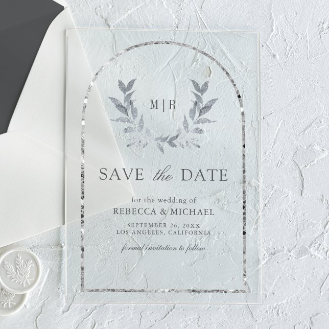 Invitaciones Acrílicas Wreath de laurel de plata deja matrimonio para sal (Subido por el creador)